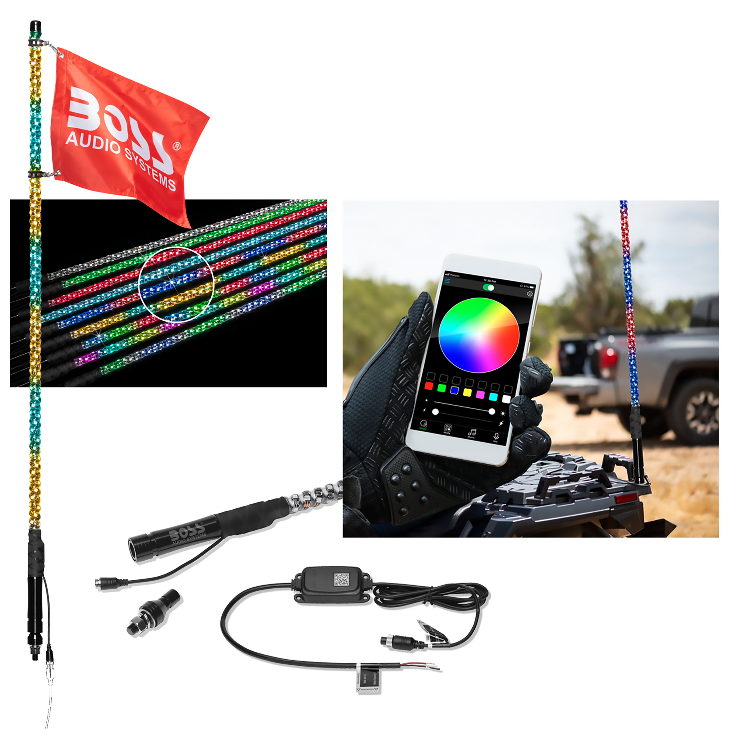 BOSS Audio Systems XP4 ATV Chasing LED Whip - 48-inch, 360-degree