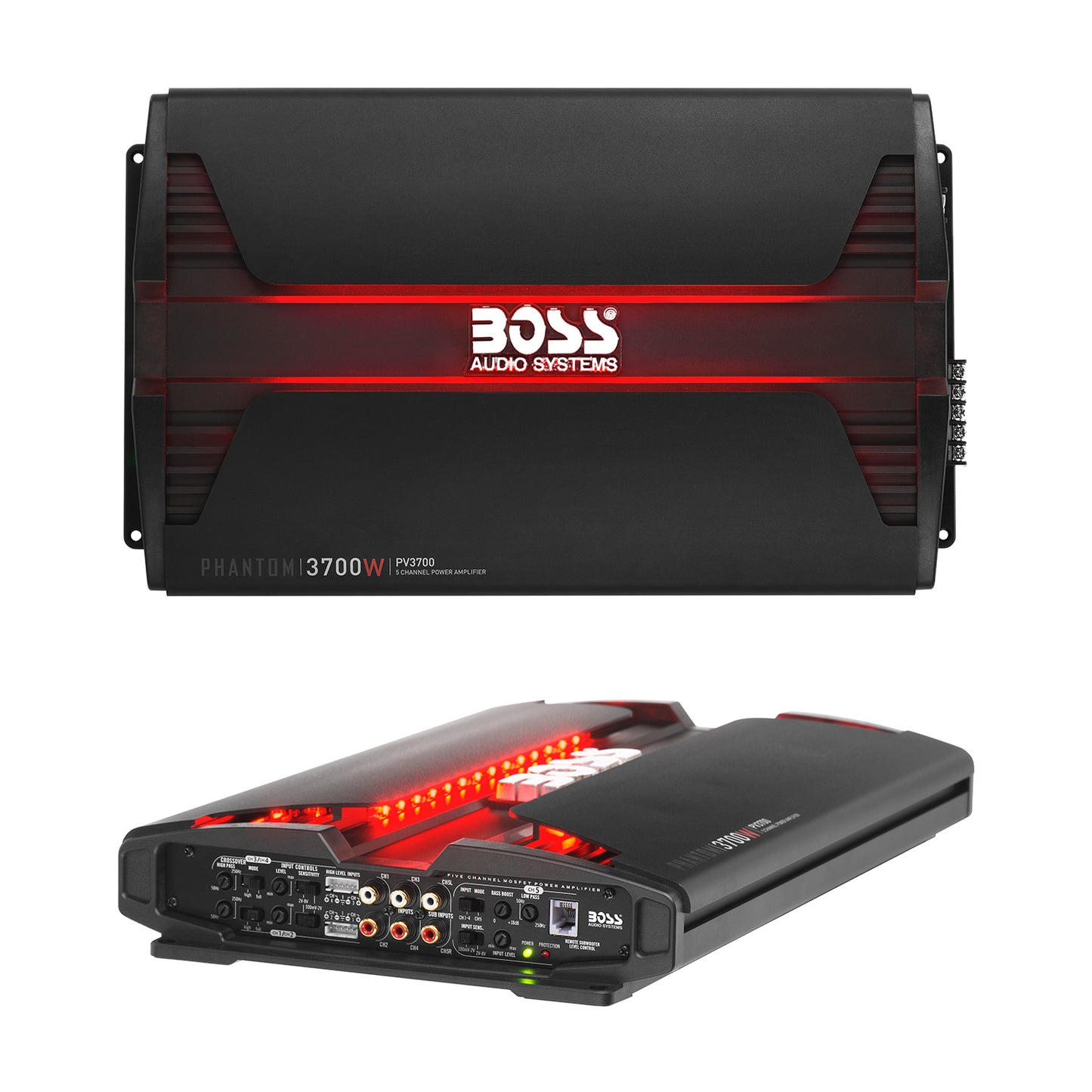 BOSS Audio Systems PV3700 Phantom Series 5 Channel Class A/B Car Amplifier  – 3700 High Output, 2-8 Ohm Stable, Low/High Level Inputs, High/Low Pass  Crossover, MOSFET, Hook Up To Subwoofer For Bass